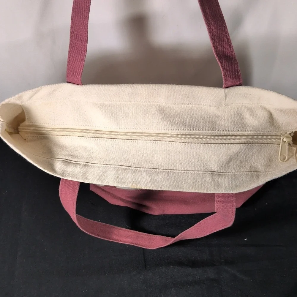 Victoria's Secret Love Pink Tote Bag Beige Canvas Maroon With Zipper Classic